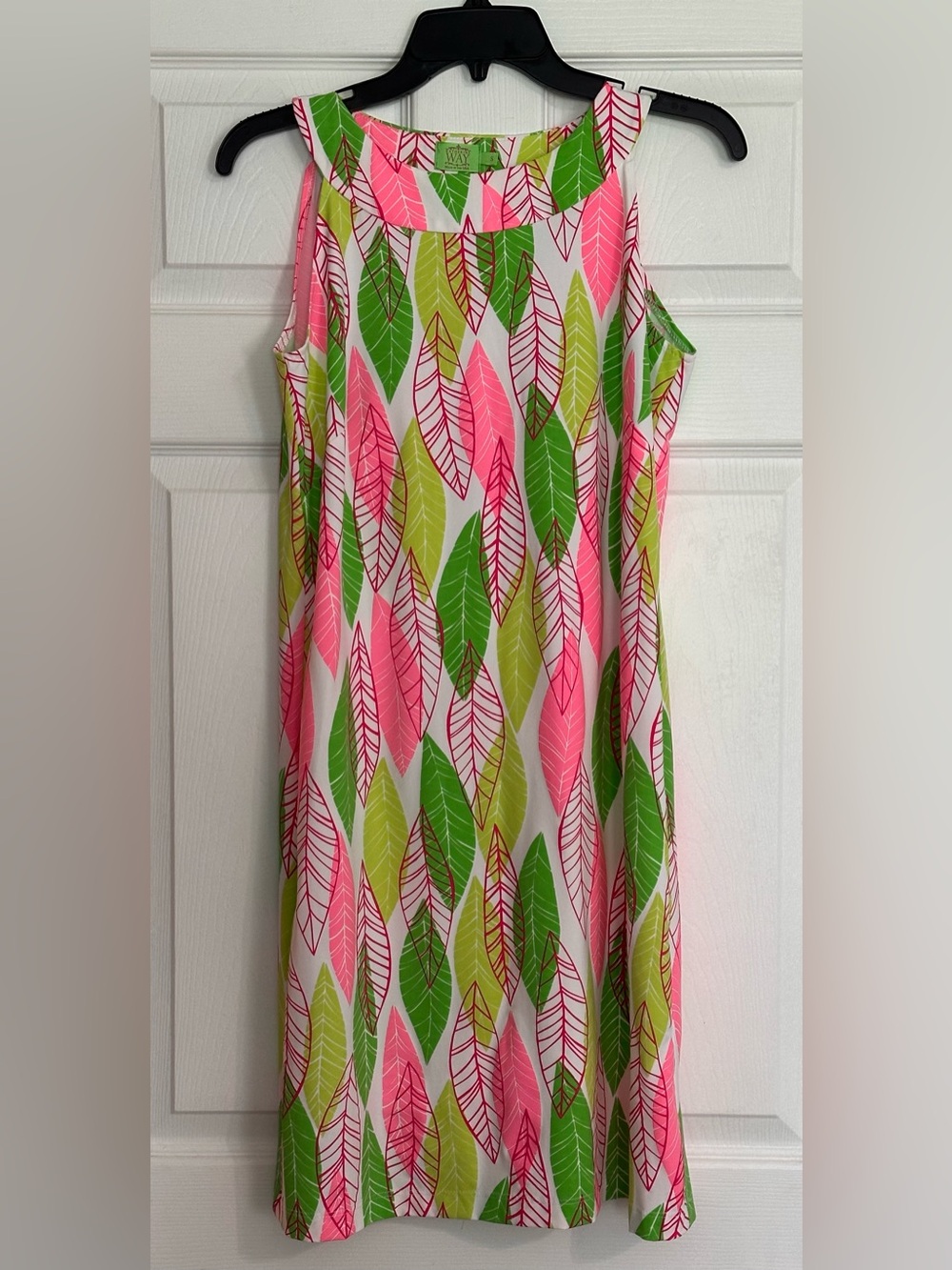 Katherine Way Sleeveless Shift Dress Pink Green Leaf Print USA Made Size Small